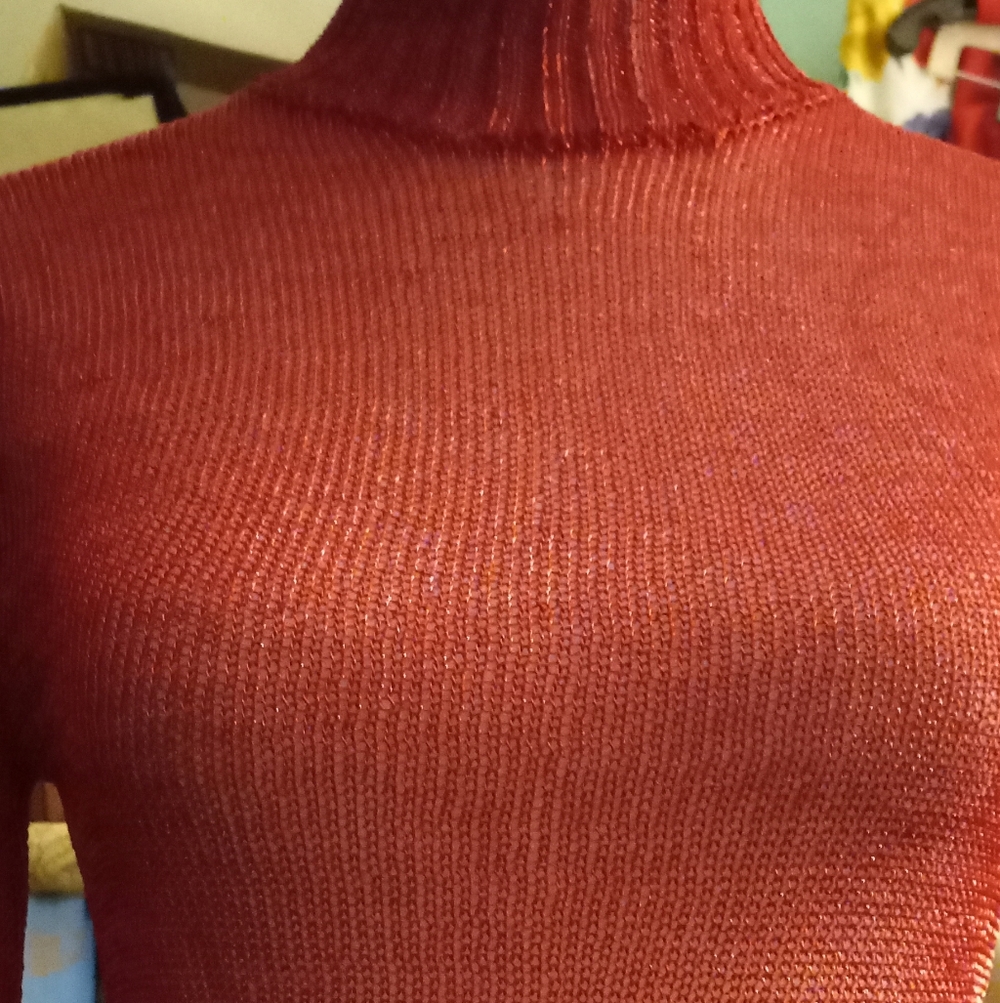 New,tag,red sheer glitter mesh metallic turtleneck l/s sweater top size medium. - Picture 5 of 14